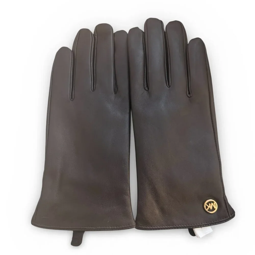 NWT Michael Kors Brown Leather Tech Gloves with Gold Logo - MSRP $98